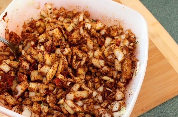 Ingredients for the Texas Chili mixed, in a white bowl